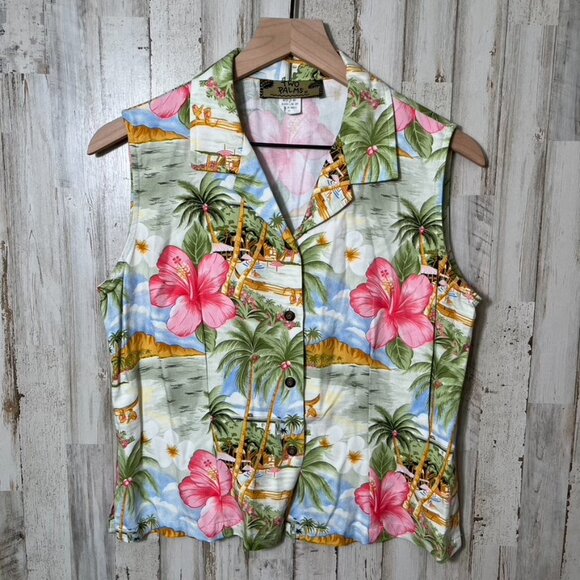 Vintage 90s Hawaiian Floral Tropical Button Vest Capri Pant Set Rayon Medium - Picture 2 of 7